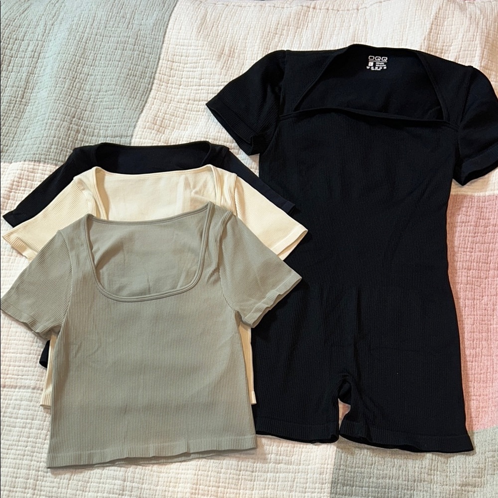 4-Piece Set (3 Ribbed Crop Tops & 1 Ribbed Bodysuit/Romper)